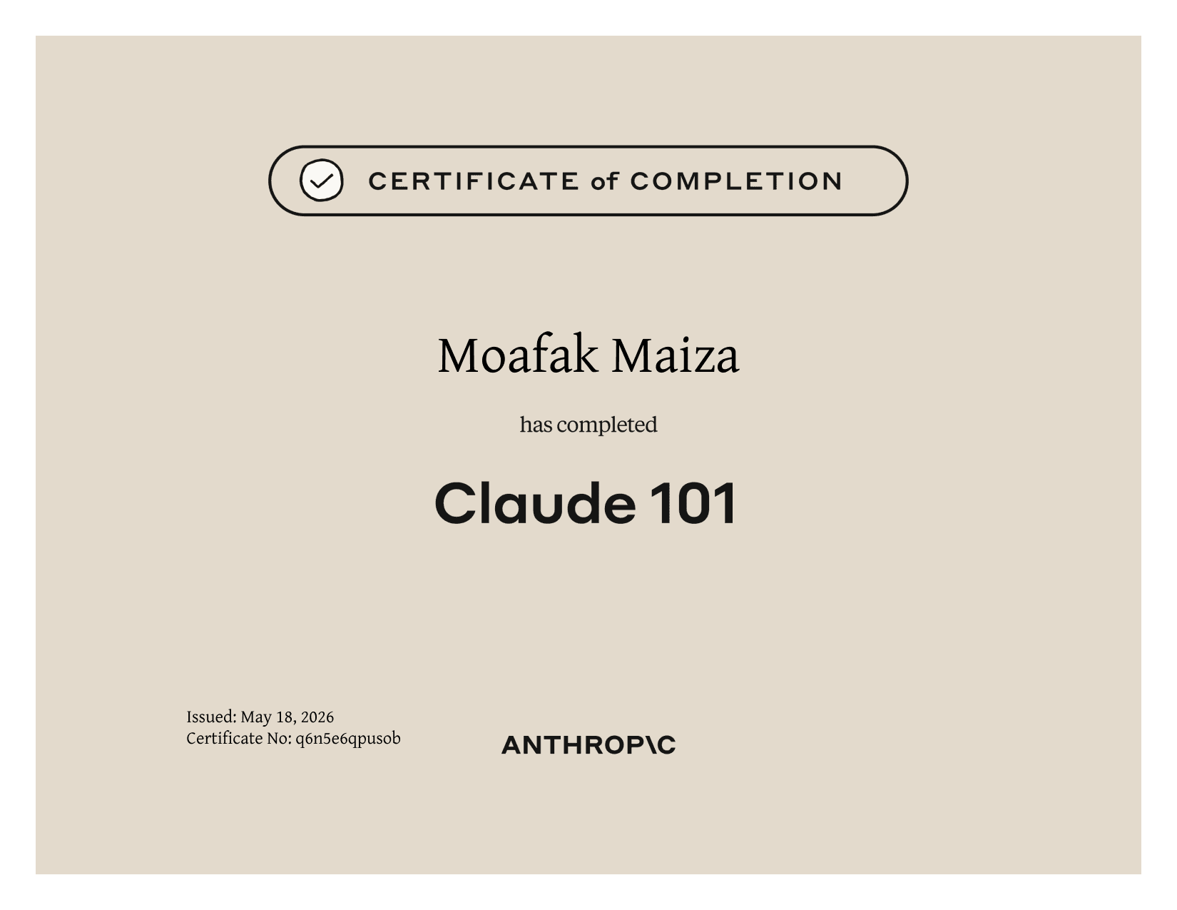 Certificate of completion: Claude 101 certificate